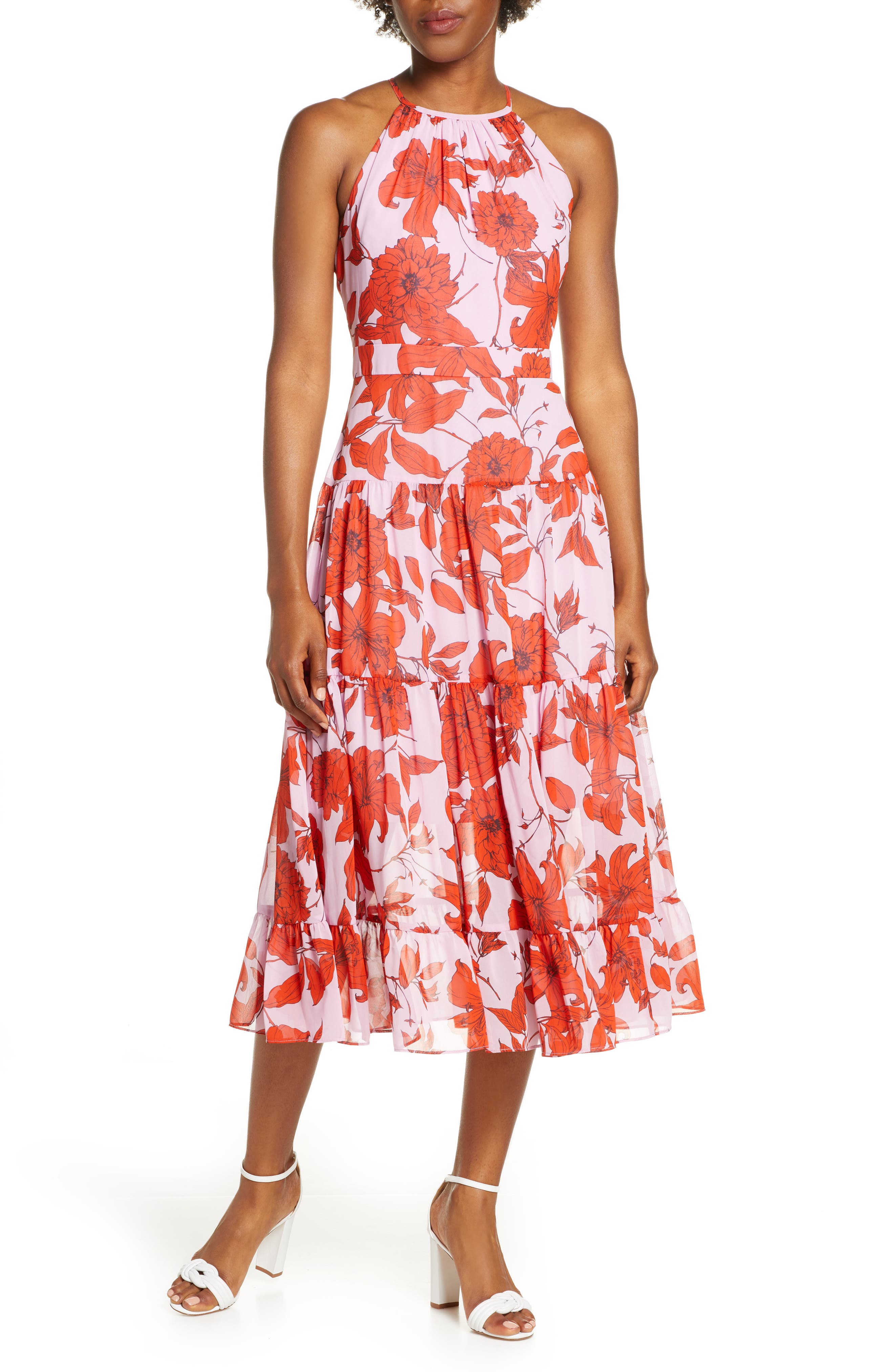 tiered chiffon midi dress