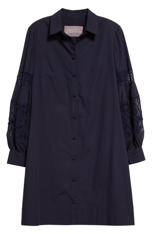 Shop Lela Rose Lace Inset Long Sleeve Stretch Cotton Shirtdress In Navy