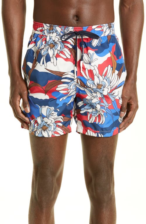 Moncler Floral Camo Print Swim Trunks in Red White Blue Floral at Nordstrom, Size Medium