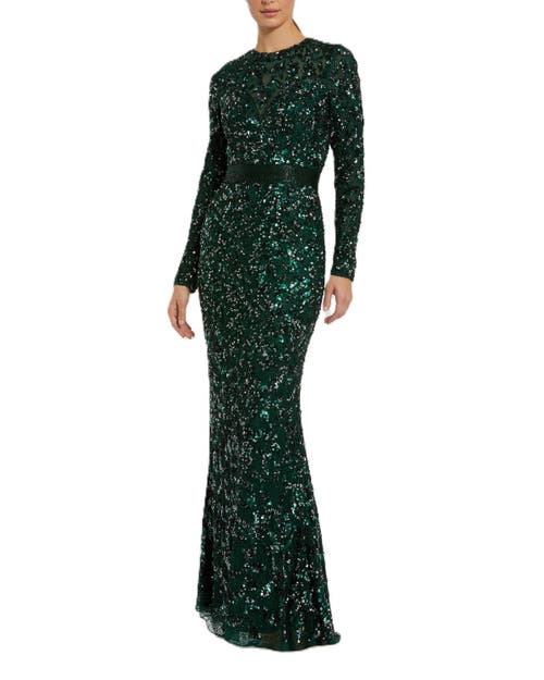 Mac Duggal Long Sleeve Gown In Forest Green