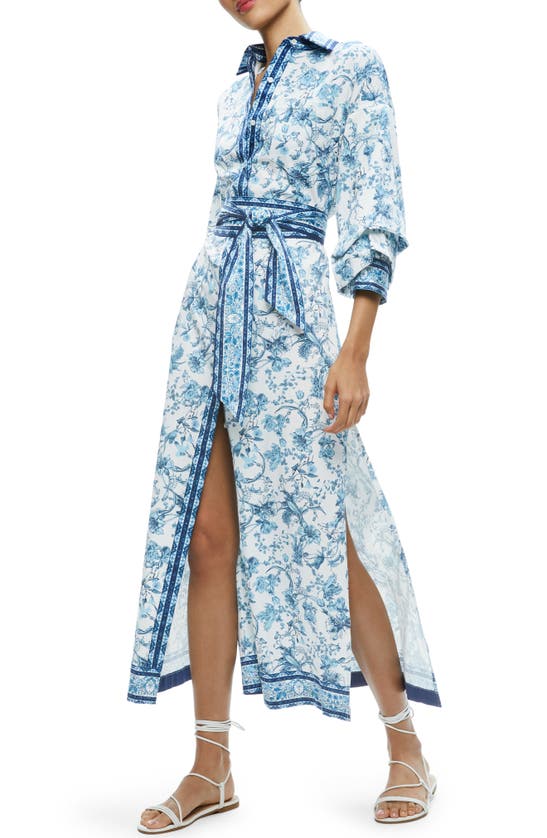 Shop Alice And Olivia Alice + Olivia Tanika Floral Stretch Cotton Maxi Shirtdress In Je L Adore Spring Sky