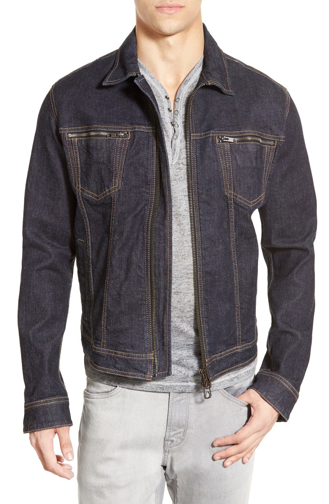 zip front denim jacket