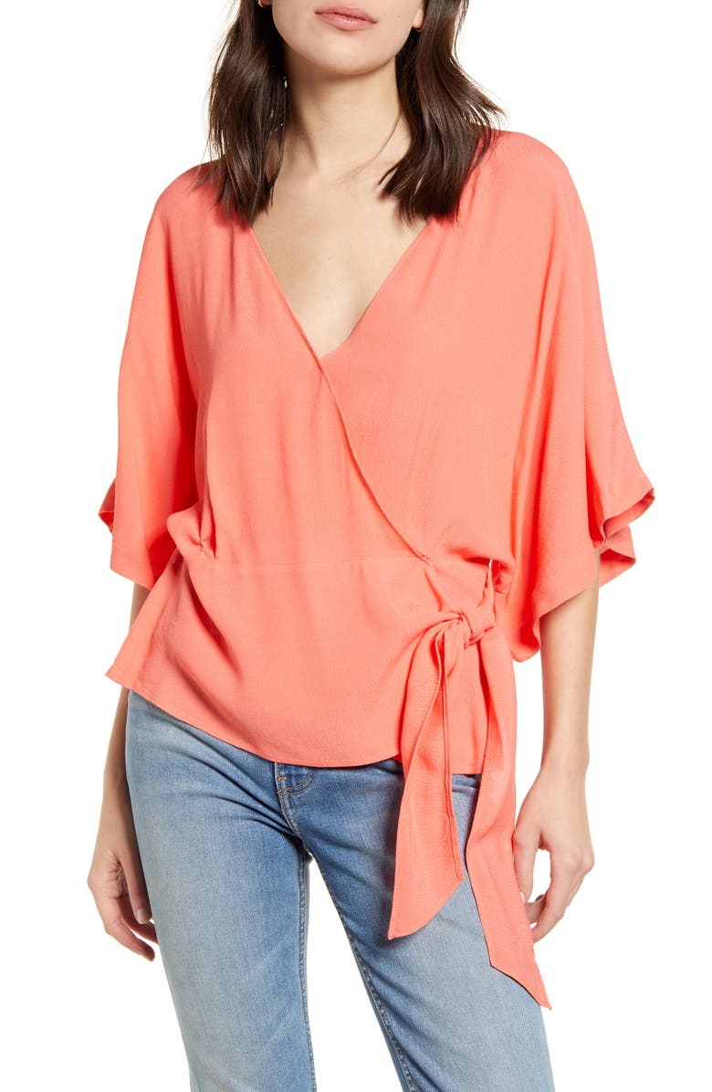 CHELSEA28 Wrap Front Blouse, Main, color, CORAL SUGAR