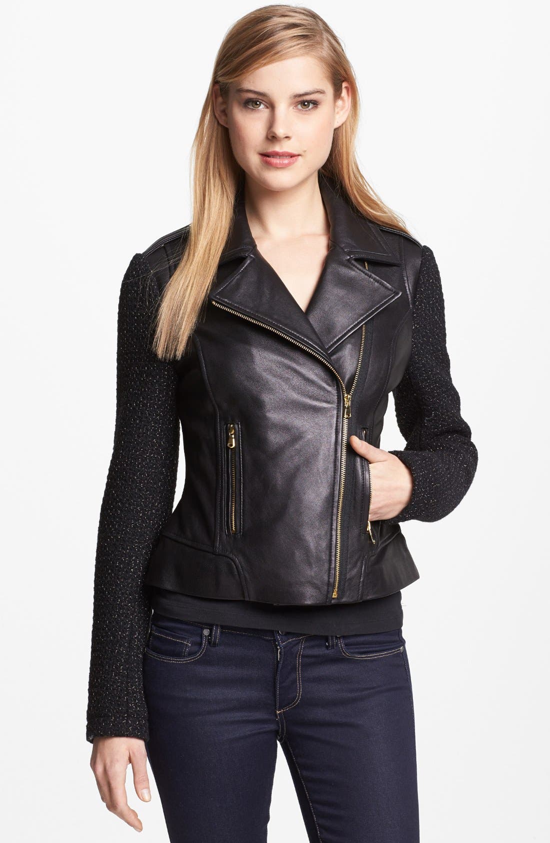 French Connection Leather & Metallic Tweed Moto Jacket Nordstrom