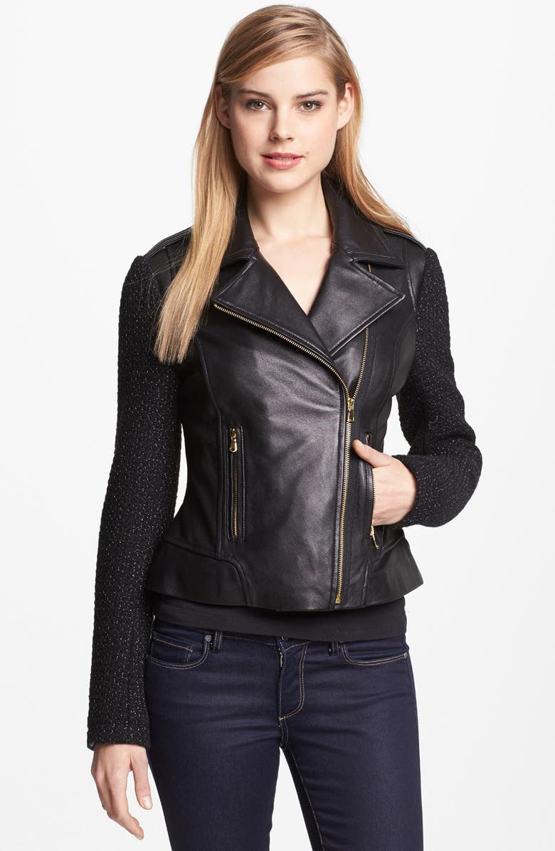 French Connection Leather & Metallic Tweed Moto Jacket | Nordstrom