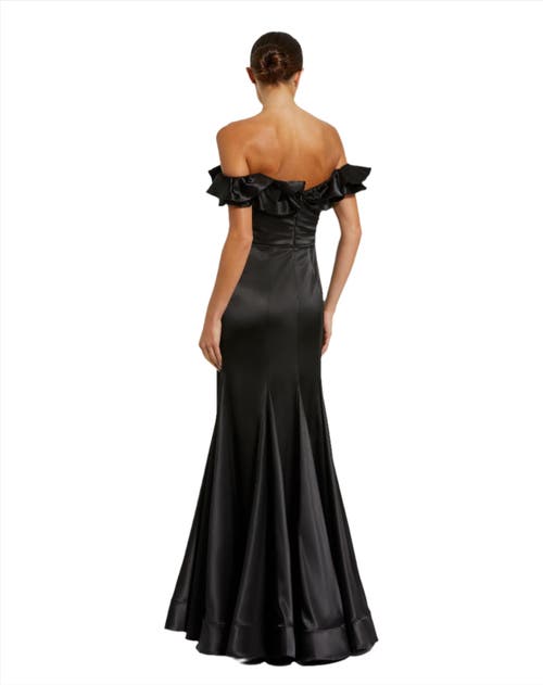 Mac Duggal Satin Ruffle Detail Off The Shoulder Mermaid Gown In Black