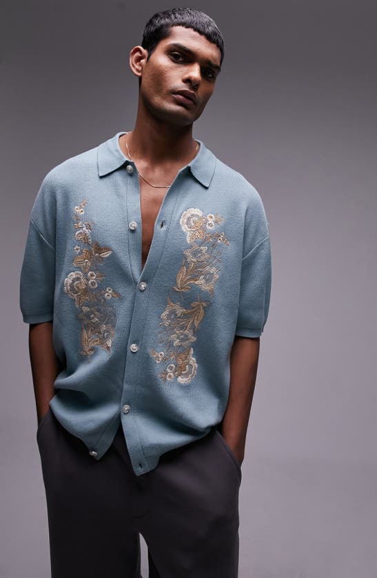 Shop Topman Western Floral Embroidery Button-up Cardigan Shirt In Light Blue