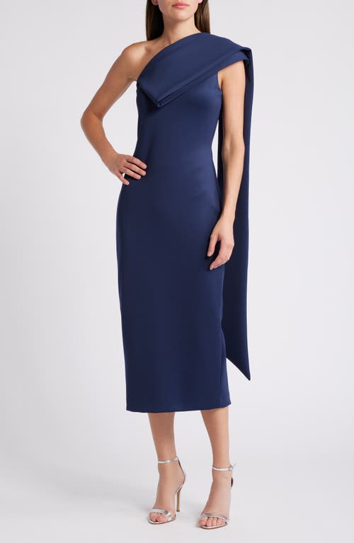 Black Halo Dolores One-Shoulder Satin Cocktail Dress in Pacific Blue 