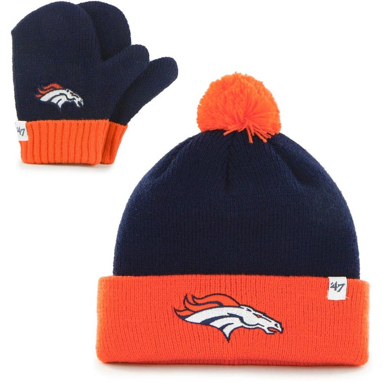 47 Babies' Toddler ' Navy/orange Denver Broncos Bam Bam Cuffed Knit Hat With Pom And Mittens Set