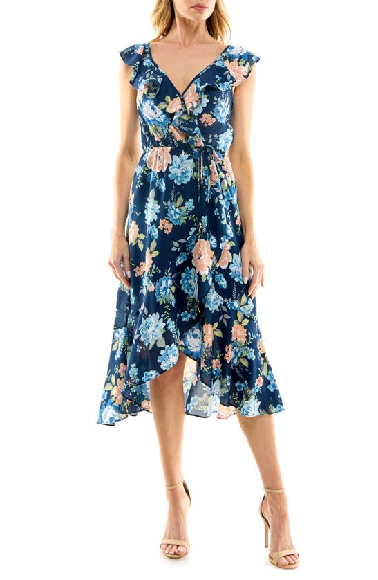 Socialite Ruffle Print Wrap Midi Dress In Navy Lt Blue Floral | ModeSens