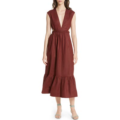 Tibi Cutout Waist Linen Midi Dress