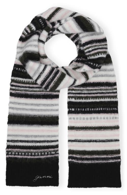 Ganni Striped Soft Wool Scarf In Black