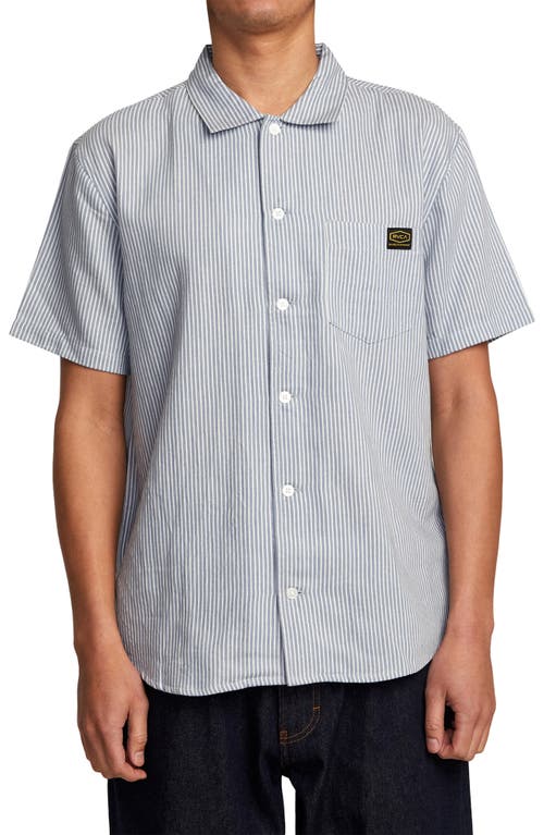 RVCA Dayshift Stripe Cotton Short Sleeve Button-Up Shirt in Deja Blue at Nordstrom, Size Small