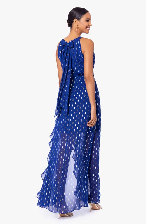 Shop Betsy & Adam Ruffle Metallic Chiffon Gown In Light Navy/gold