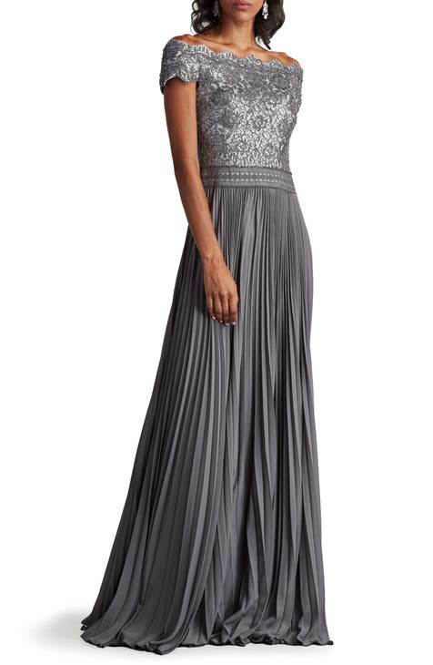 Off the Shoulder Sequin Lace Pleated Gown