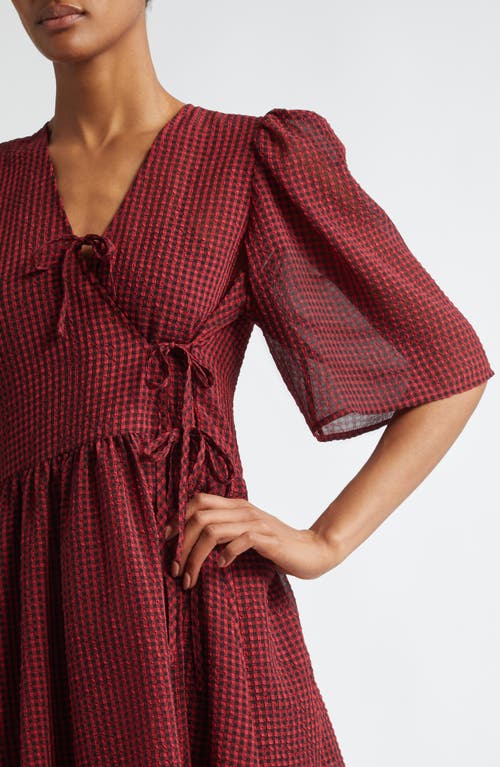 Shop Ganni Wrap Front Gingham Minidress In Winery