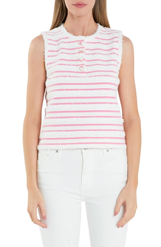 Shop English Factory Stripe Fringe Accent Sleeveless Henley Knit Tank In White/ Pink