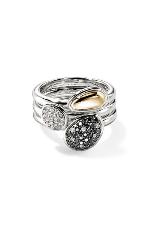 John Hardy Pebble Stacking Rings, Sterling Silver, Gold, Black Sand Diamond Pavé In Silver