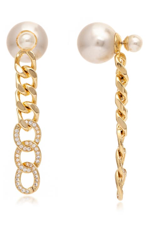Faux Pearl & CZ Drop Earrings