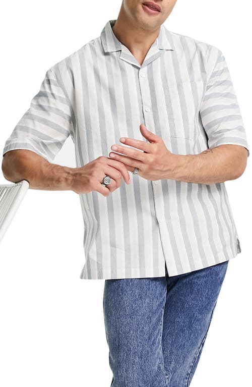 Topman Oversize Stripe Short Sleeve Button-Up Shirt in Stone