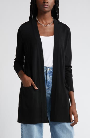 Thread & Supply Women's Open Front Soft Plush Long Cardigan W/ Pockets  (Black, XXL) 