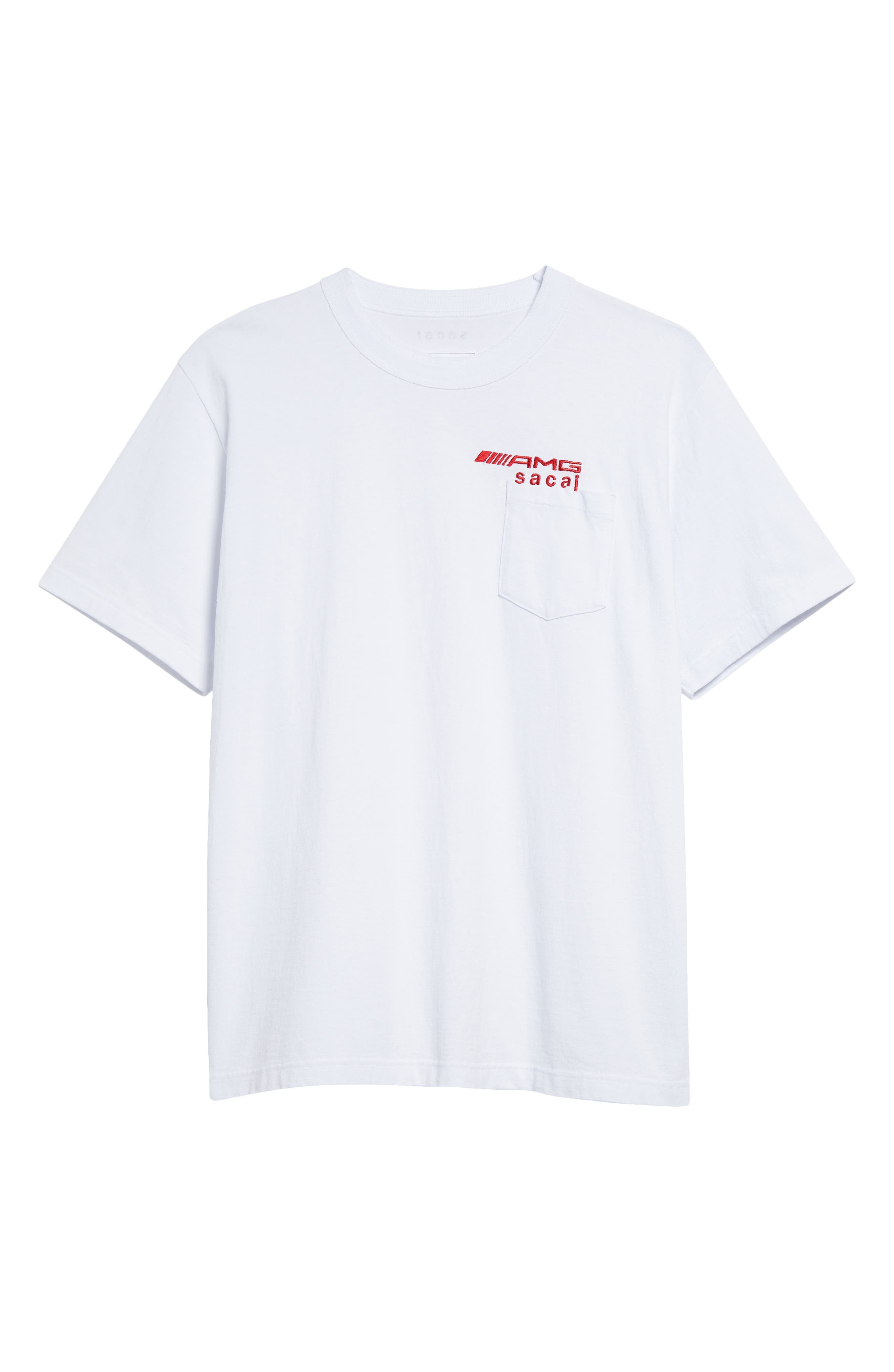 Sacai AMG Logo Embroideed Cotton Pocket T-Shirt in White | Smart