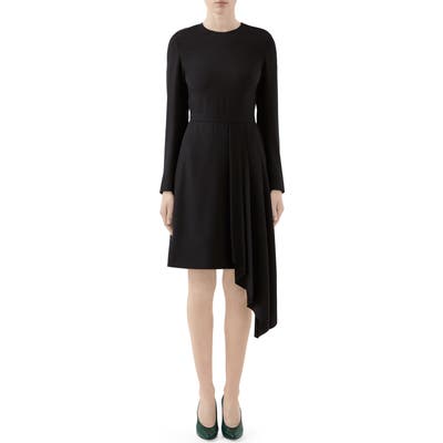 Gucci Asymmetrical Drape Satin Long Sleeve Dress, US / 40 IT - Black
