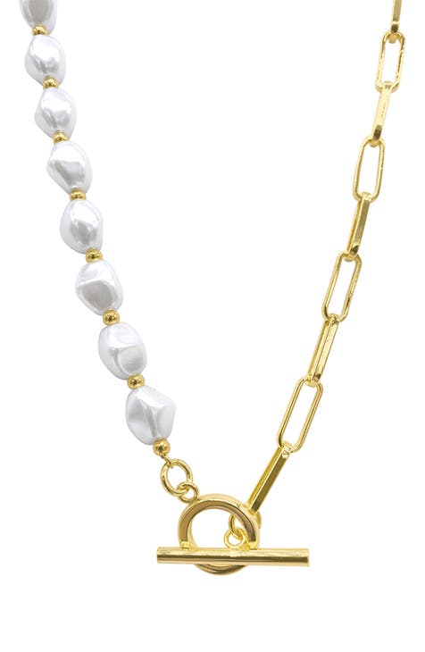 Imitation Pearl & Paperclip Link Toggle Necklace