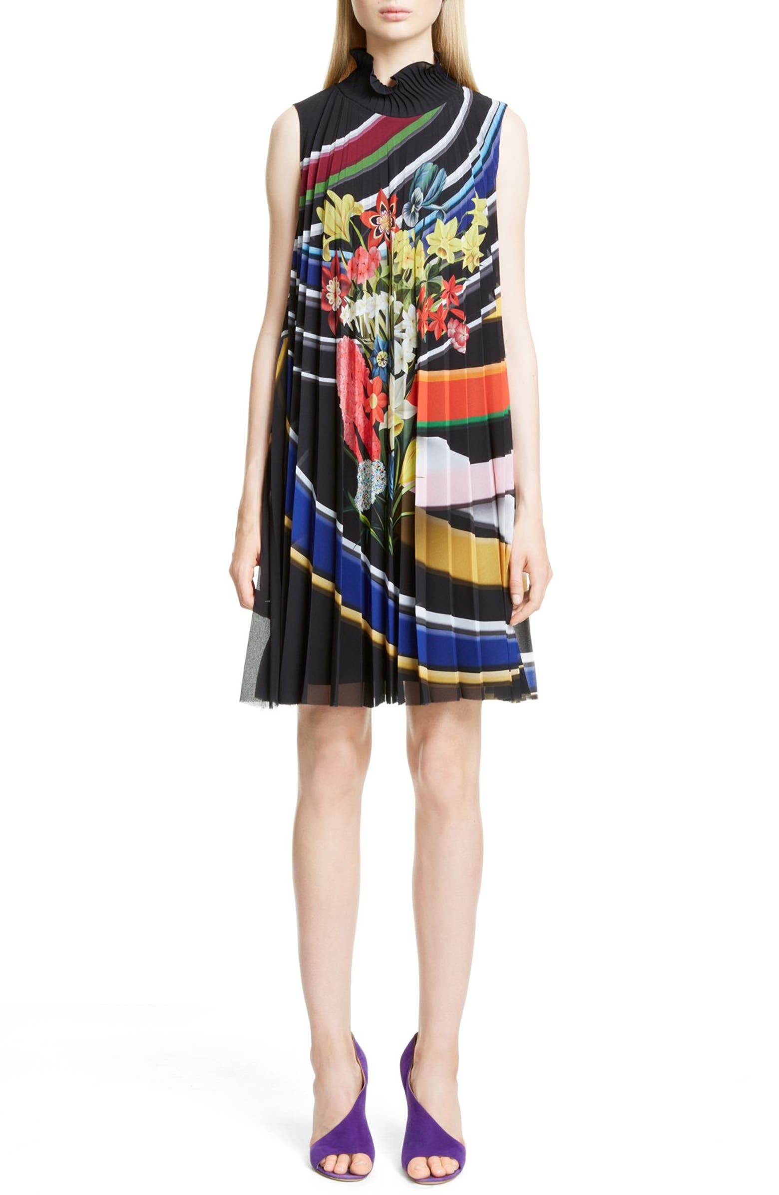 Mary Katrantzou Stripe & Floral Print Pleated Swing Dress | Nordstrom