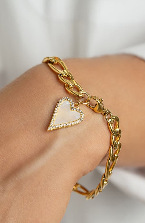 Shop Adornia Water Resistant Crystal & Mother Of Pearl Heart Figaro Chain Bracelet In Gold/white
