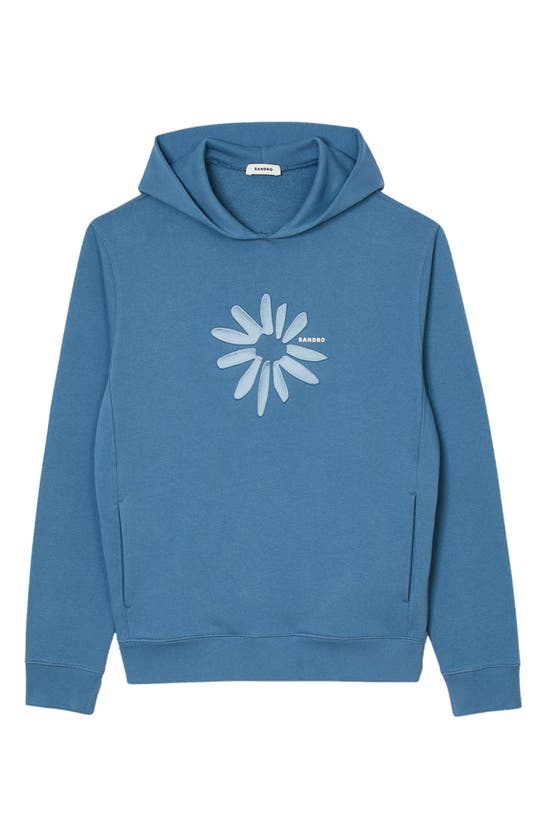 Shop Sandro Glossy Flower Cotton Graphic Hoodie In Blue Grey