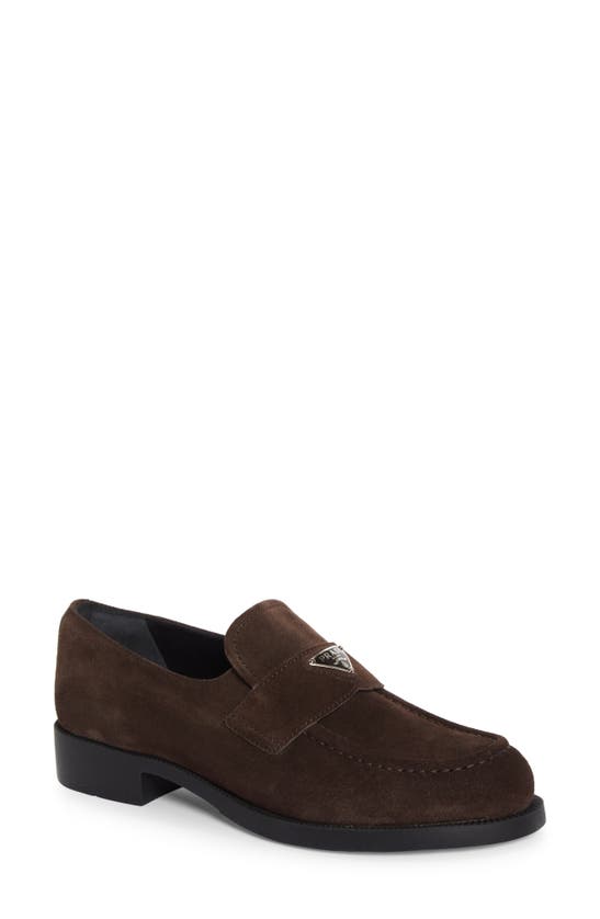 Prada Enamel Triangle-logo Suede Loafers In Moro