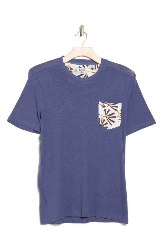 Original Penguin Contrast Floral Linen & Cotton Pocket T-shirt In Blue Indigo
