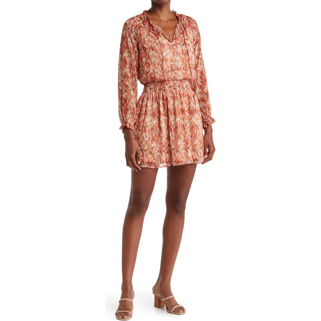 Shop Socialite Smocked Long Sleeve Dress In Pink/rust Abstract Print