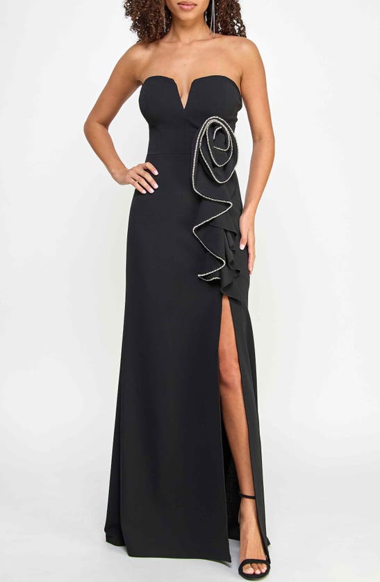 Shop Speechless Rhinestone Rosette Strapless Gown In Black