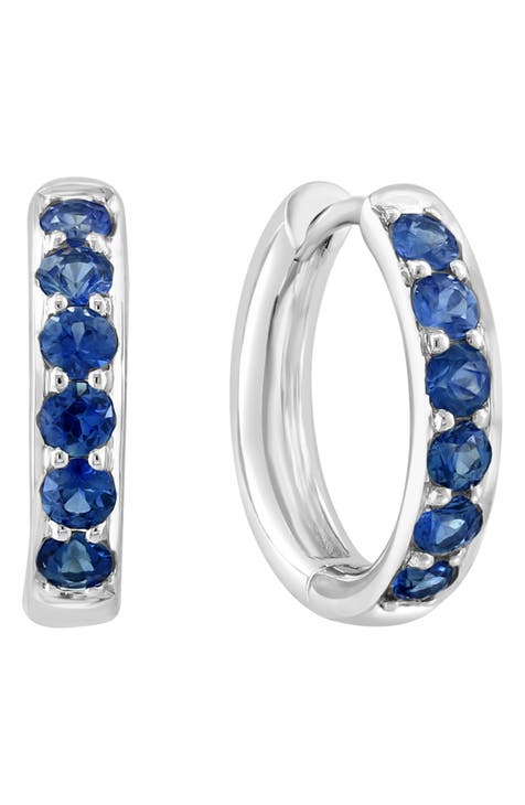 14K White Gold Sapphire Huggie Hoop Earrings