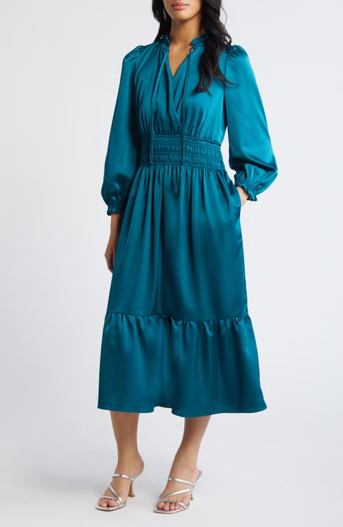 Shop Eliza J Ruffle Trim Long Sleeve Satin Dress In Teal