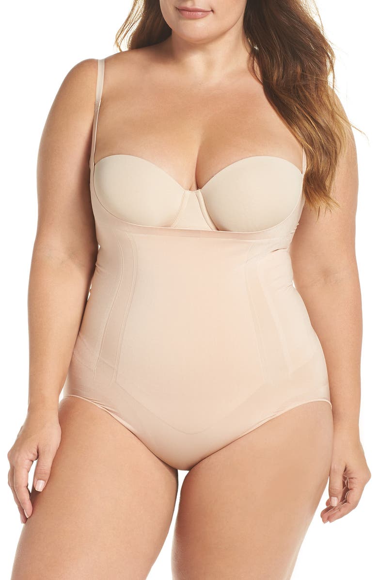 Spanx Oncore open bust mid thigh super firm shaping body in beige