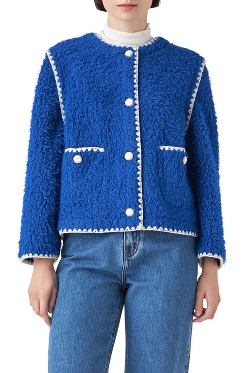 Premium Contrast Trim Faux Shearling Jacket in Blue/White