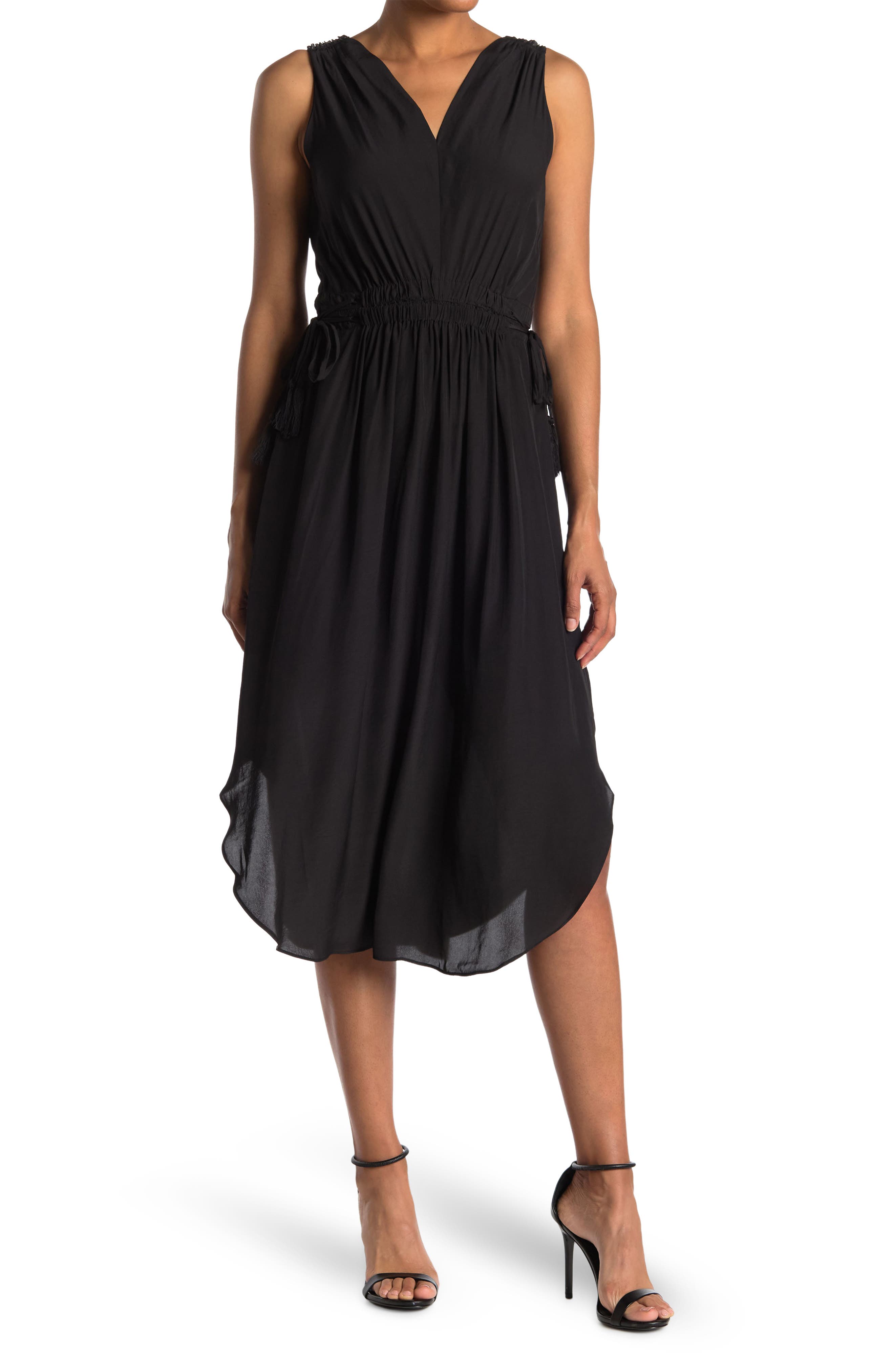 T Tahari V-neck Sleeveless Drawstring Waist Midi Dress In Black