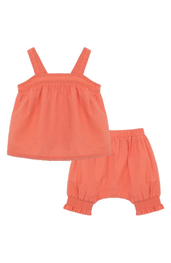 Peek Essentials Babies' Crochet Accent Embroidered Cotton Seersucker Top & Bloomers In Orange