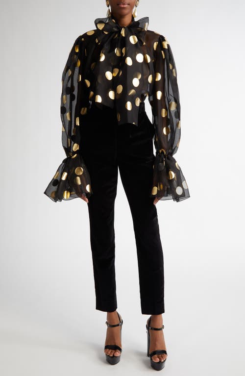 Shop Dolce & Gabbana Dolce&gabbana Polka Dot Bow Bell Sleeve Sheer Silk Top In Hnlm0 Oro Nero