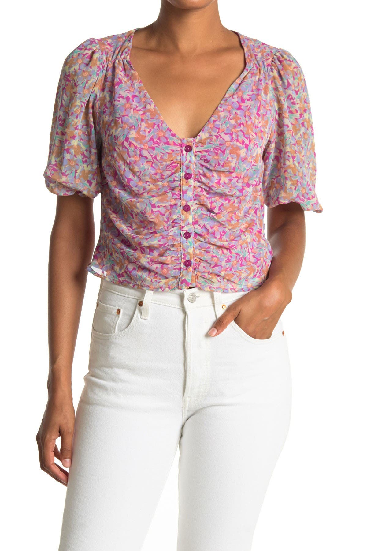 Lush Printed Button Ruched Blouse Nordstrom Rack