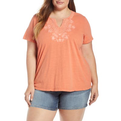 Plus Size Lucky Brand Embroidered Notch Neck Tee, Orange