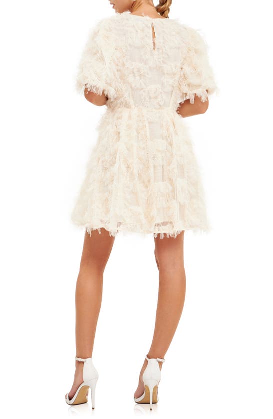 Shop Endless Rose Feathered Mesh Puff Sleeve Minidress In Cream