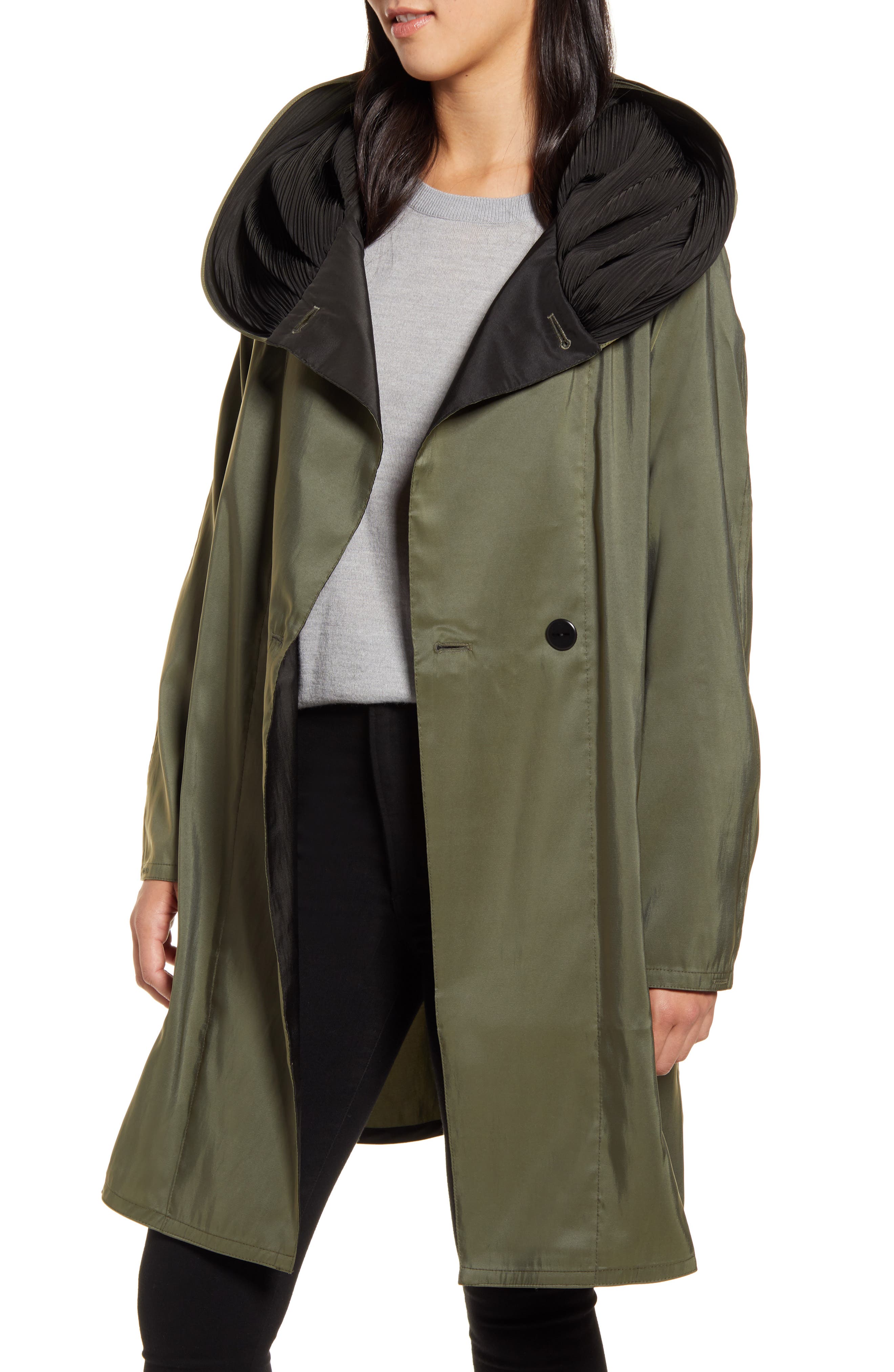 reversible raincoat with pleated hood