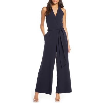 Julia Jordan Surplice Wide Leg Crepe Jumpsuit, Blue