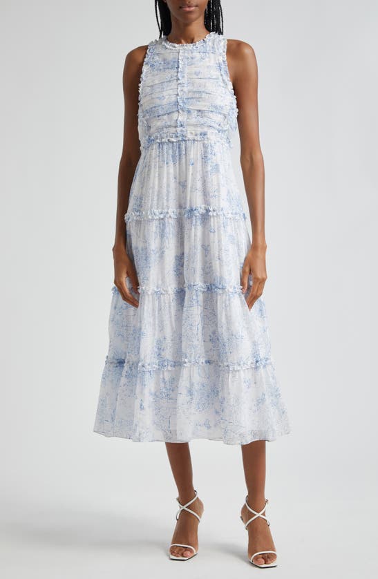 Shop Cinq À Sept Garden Toile Sleeveless Tiered Midi Dress In White/ Blue