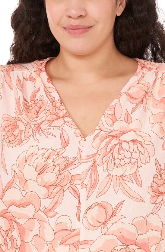 Shop Cece Floral Print Puff Sleeve Linen Blend Top In Sweet Rose