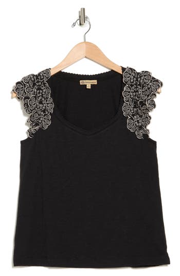 Democracy Embroidered Ruffle Sleeve Knit Top In Black